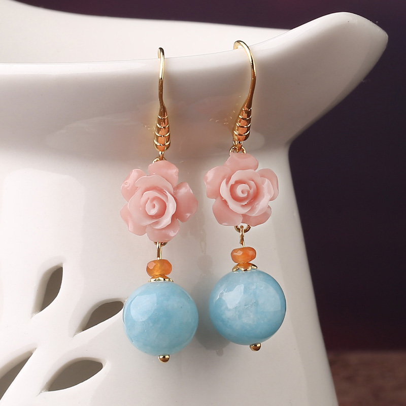 名媛氣質(zhì)花朵耳環(huán)，清新古風(fēng)粉藍(lán)雙色首飾