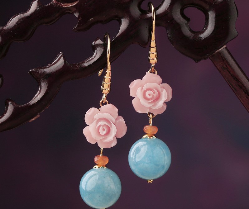 名媛氣質(zhì)花朵耳環(huán)，清新古風(fēng)粉藍(lán)雙色首飾