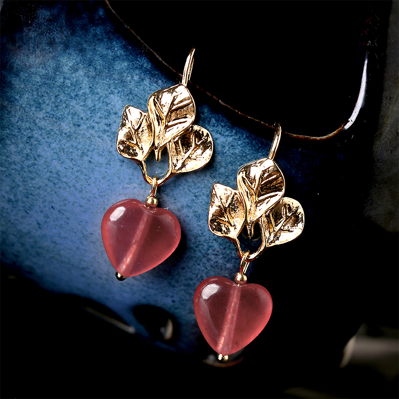 粉色心形吊墜耳環(huán)，溫暖古風(fēng)耳飾首飾