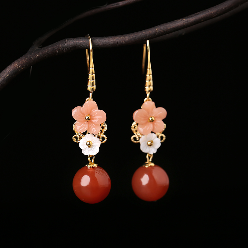 復(fù)古紅瑪瑙吊墜耳環(huán)，超仙花朵耳飾首飾