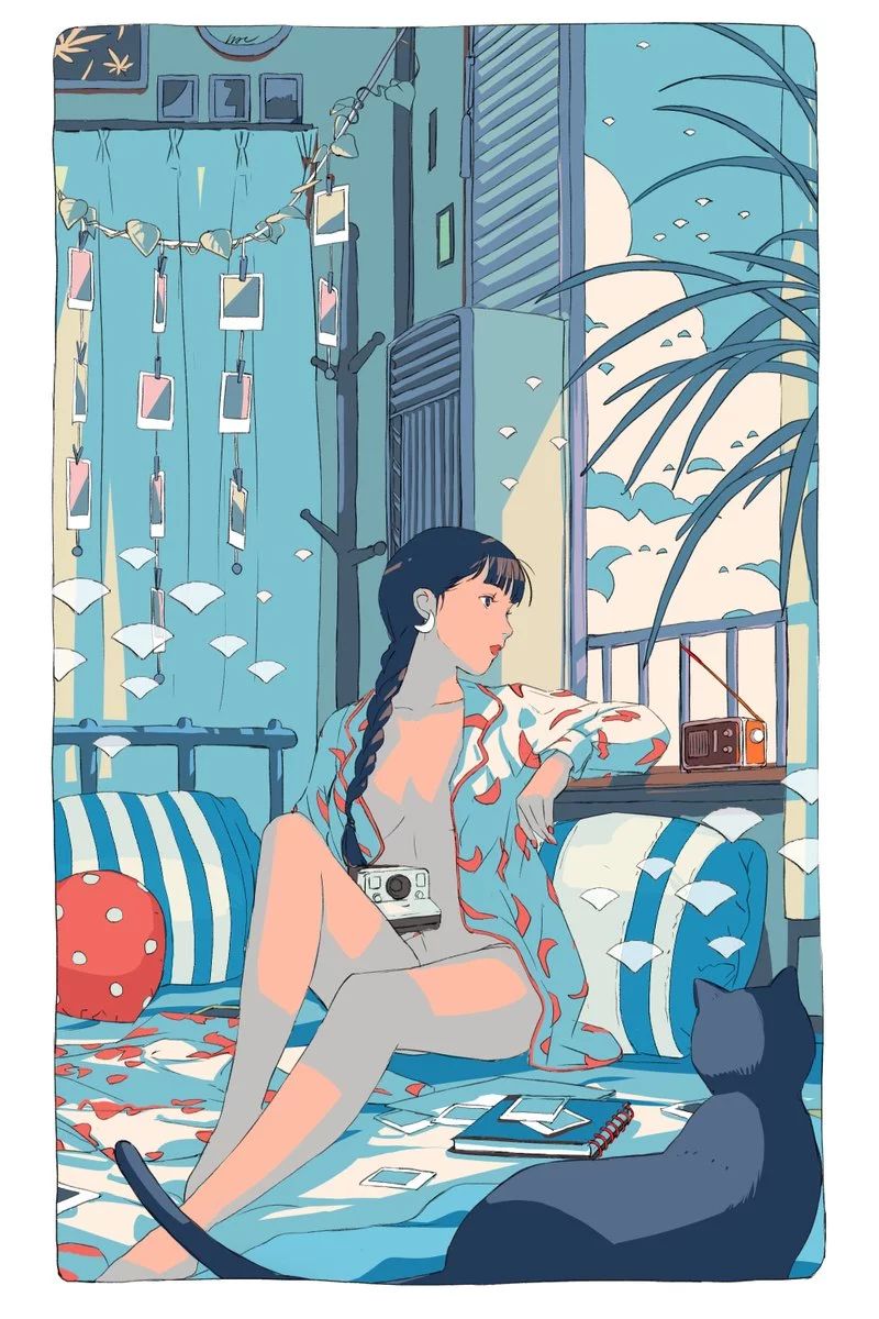 一組手繪少女風格插畫，清新色彩插畫圖片