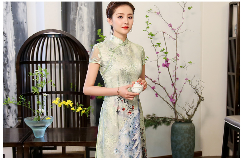 奧黛風(fēng)綠孔雀旗袍，蕾絲短袖旗袍裙!