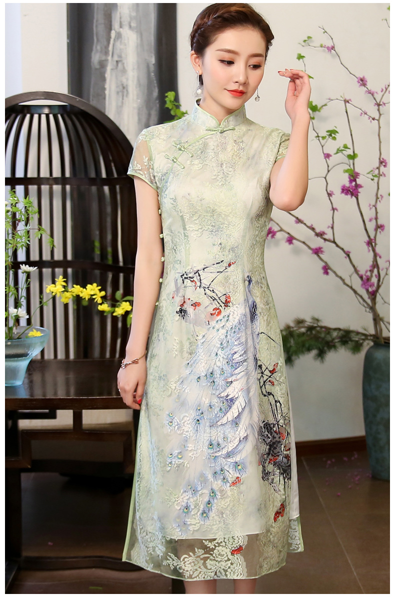 奧黛風(fēng)綠孔雀旗袍，蕾絲短袖旗袍裙!