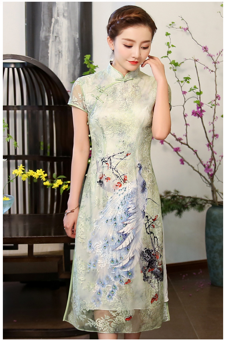 奧黛風(fēng)綠孔雀旗袍，蕾絲短袖旗袍裙!