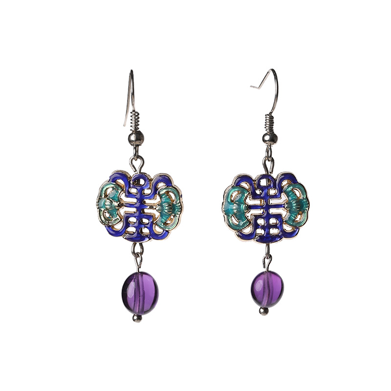 古典景泰藍(lán)耳環(huán)，紫水晶吊墜耳環(huán)首飾