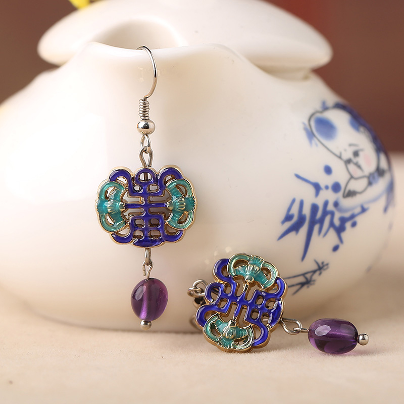 古典景泰藍(lán)耳環(huán)，紫水晶吊墜耳環(huán)首飾