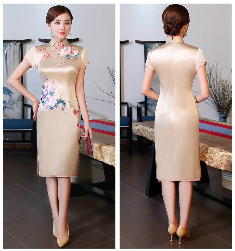 金牡丹刺繡旗袍，復(fù)古唯美旗袍裙