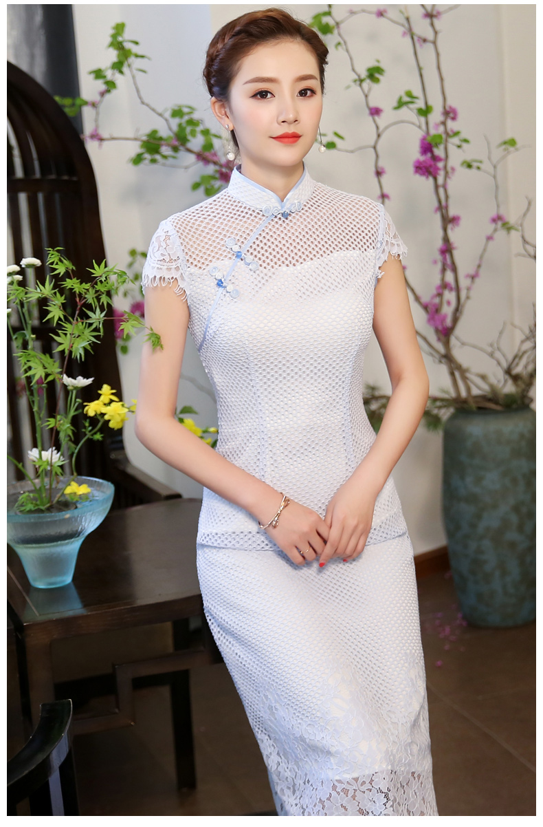 清爽伊人淡藍色旗袍，網狀鏤空旗袍裙
