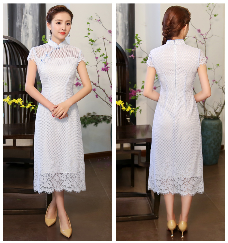 清爽伊人淡藍色旗袍，網狀鏤空旗袍裙