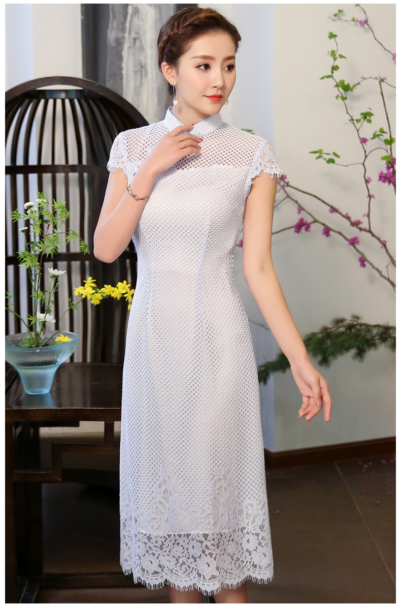 清爽伊人淡藍色旗袍，網狀鏤空旗袍裙
