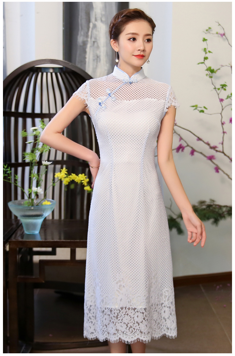 清爽伊人淡藍色旗袍，網狀鏤空旗袍裙