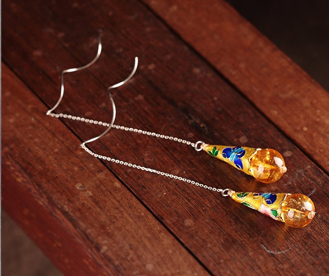 華麗古風耳環(huán)，黃亮景泰藍純銀耳線首飾