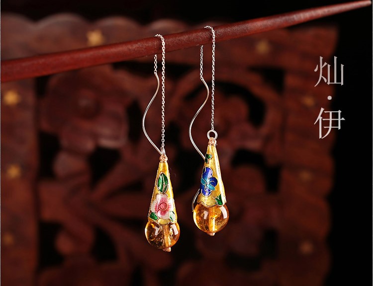 華麗古風耳環(huán)，黃亮景泰藍純銀耳線首飾