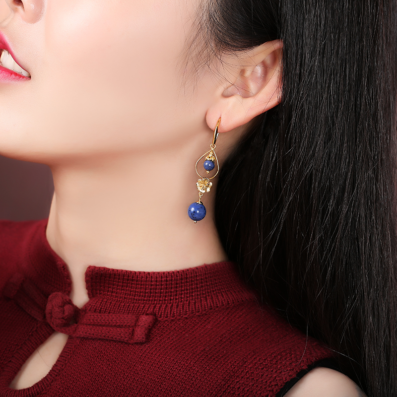 民族風(fēng)森系耳環(huán)，水墨藍(lán)紋石首飾