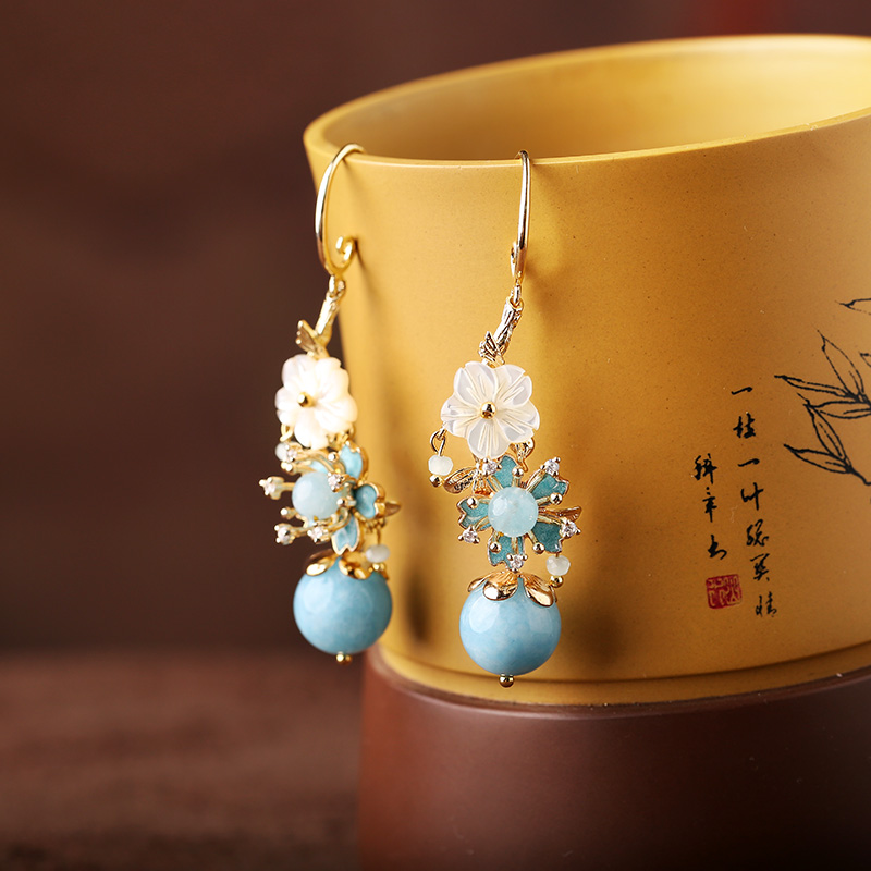 淡藍(lán)海風(fēng)系花朵耳飾，清涼清新氣質(zhì)耳環(huán)