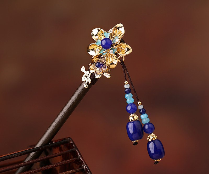 中式手工木簪子，藍(lán)色發(fā)簪頭飾