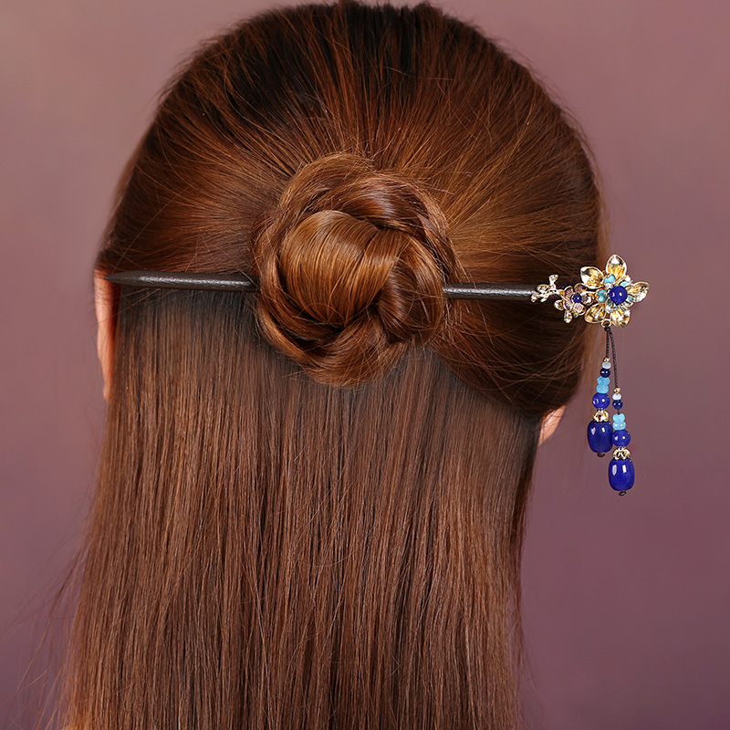 中式手工木簪子，藍(lán)色發(fā)簪頭飾