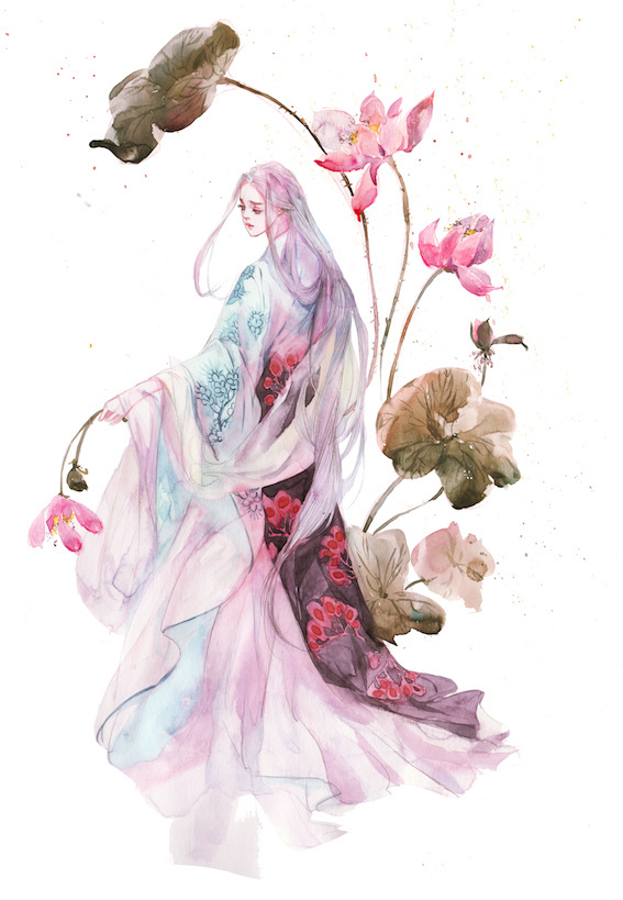 水彩古風(fēng)女子圖集，夢(mèng)幻粉色少女古風(fēng)圖片