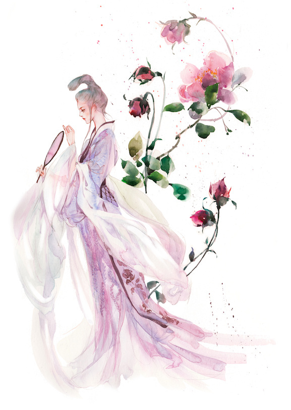 水彩古風(fēng)女子圖集，夢(mèng)幻粉色少女古風(fēng)圖片