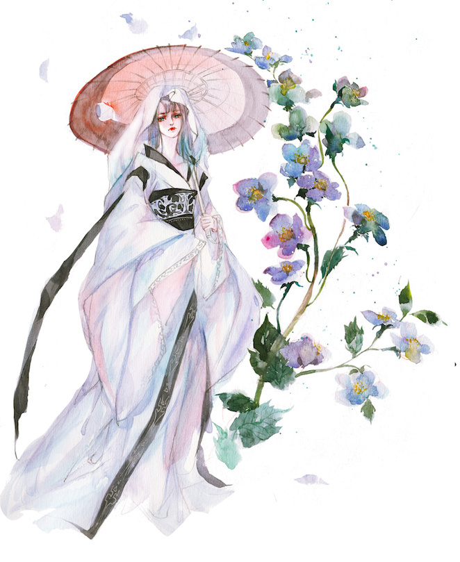 水彩古風(fēng)女子圖集，夢(mèng)幻粉色少女古風(fēng)圖片