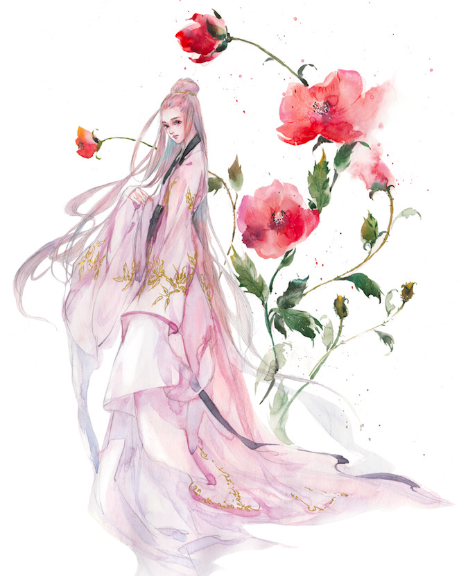水彩古風(fēng)女子圖集，夢(mèng)幻粉色少女古風(fēng)圖片