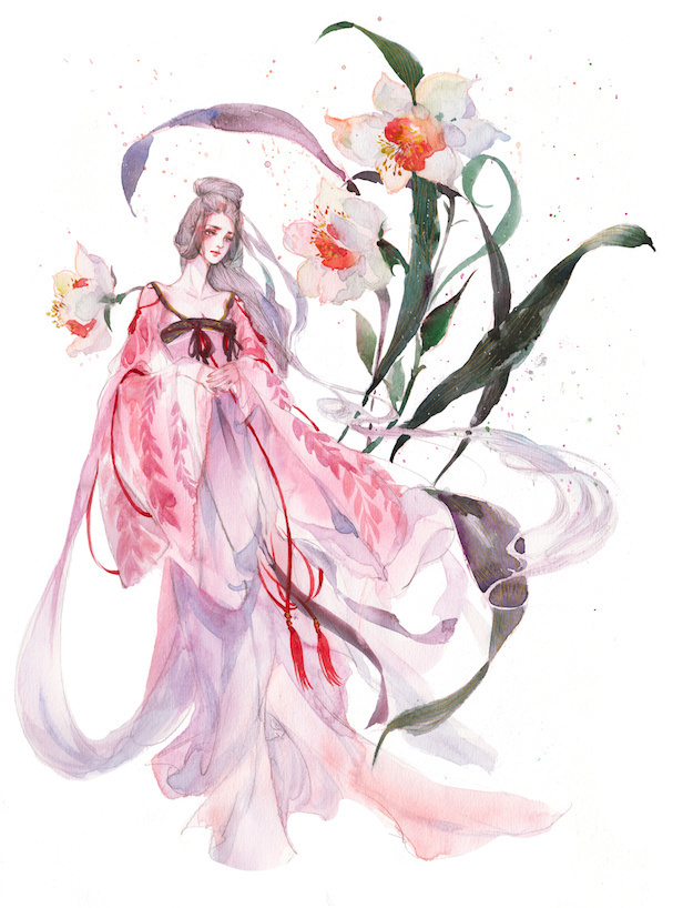 水彩古風(fēng)女子圖集，夢(mèng)幻粉色少女古風(fēng)圖片