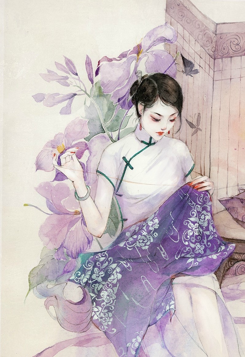 水彩旗袍女子圖集，超美插畫古風(fēng)圖片