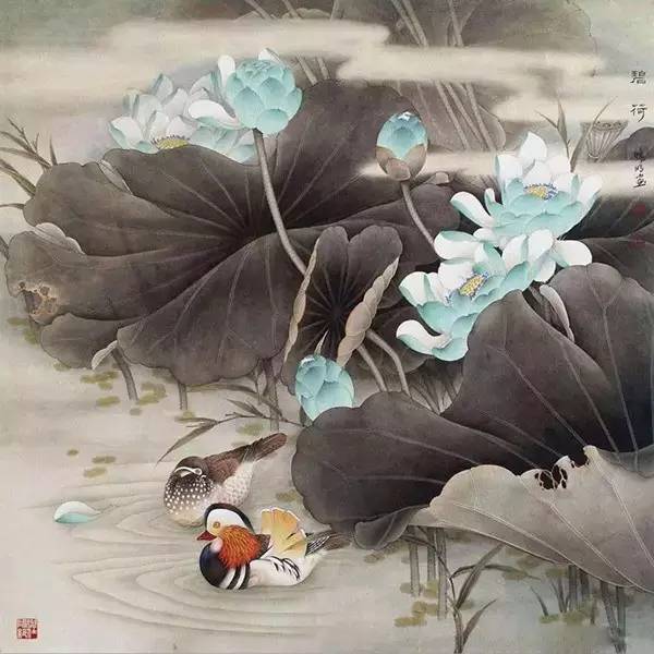 鴛鴦戲水圖集(18張)，好漂亮的國畫圖片