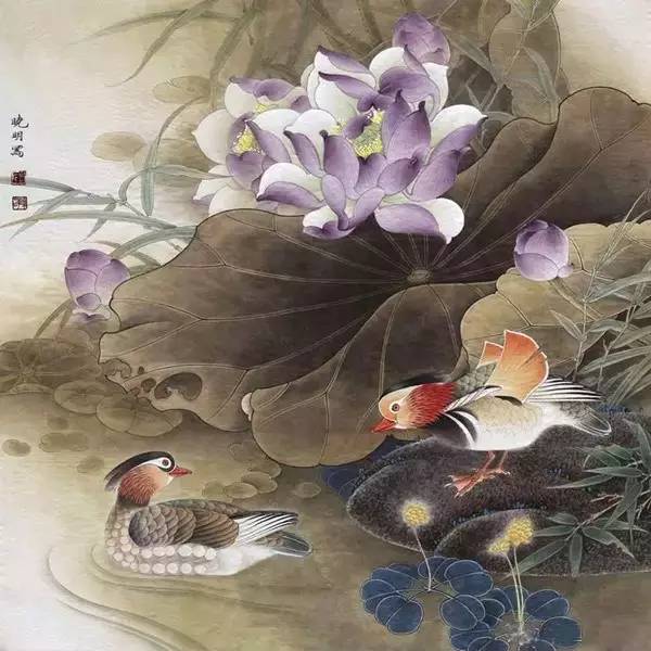 鴛鴦戲水圖集(18張)，好漂亮的國畫圖片