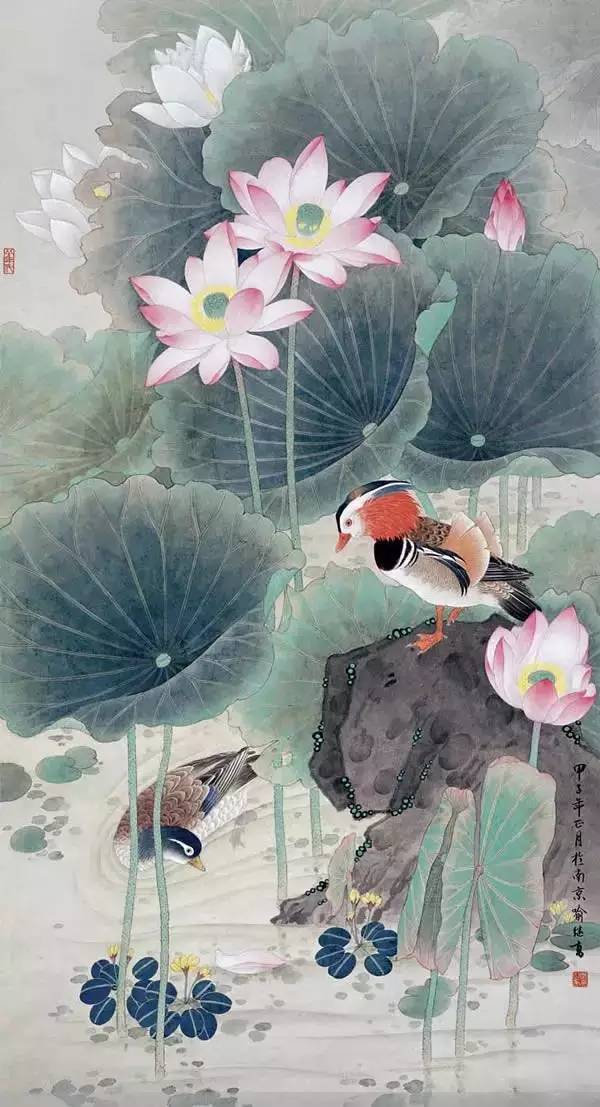 鴛鴦戲水圖集(18張)，好漂亮的國畫圖片