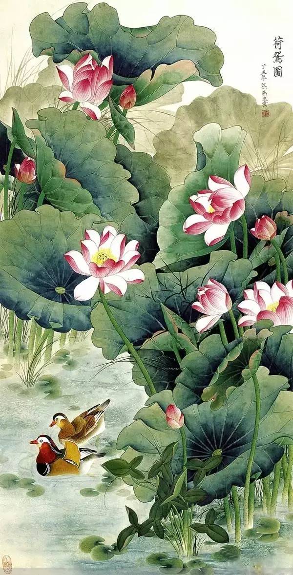 鴛鴦戲水圖集(18張)，好漂亮的國畫圖片