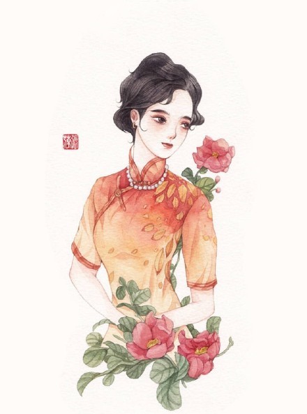 清新水彩旗袍女子插畫(huà)，唯美的古風(fēng)插畫(huà)圖集