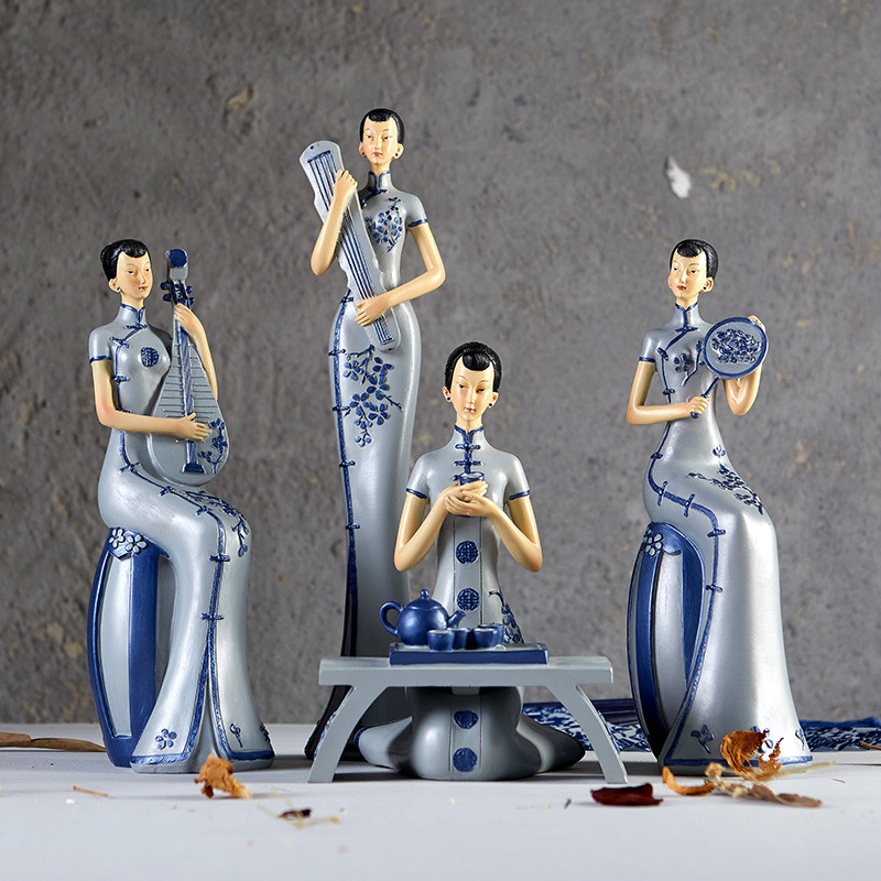 新中式古典旗袍奏樂仕女工藝品