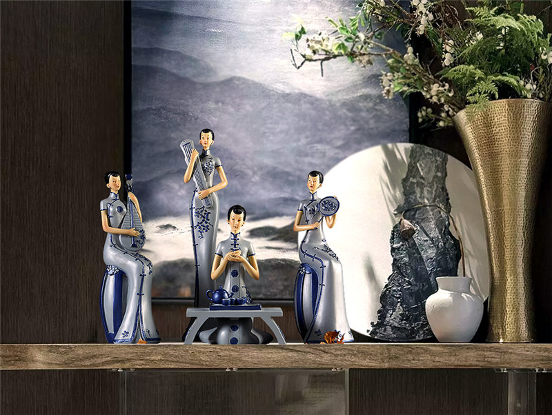 新中式古典旗袍奏樂仕女工藝品