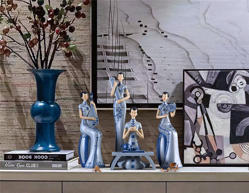 新中式古典旗袍奏樂仕女工藝品