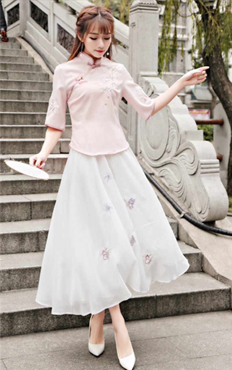 改良唐裝漢元素繡花盤(pán)扣套裝