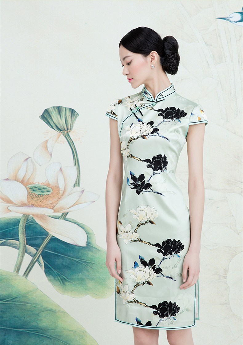 家佳樂文學蠶絲復古玉蘭花旗袍春夏款