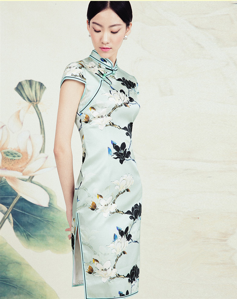 家佳樂文學蠶絲復古玉蘭花旗袍春夏款