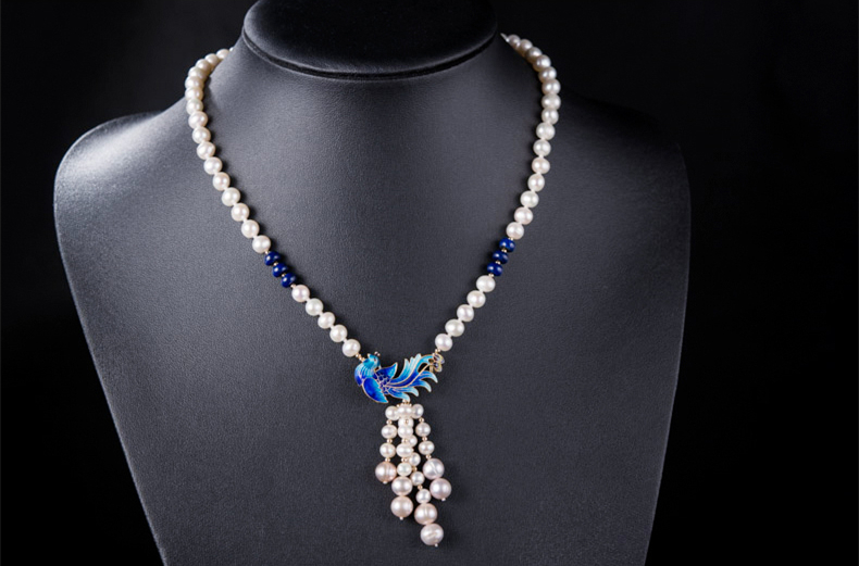 景泰藍(lán)孔雀淡水珍珠流蘇復(fù)古項鏈