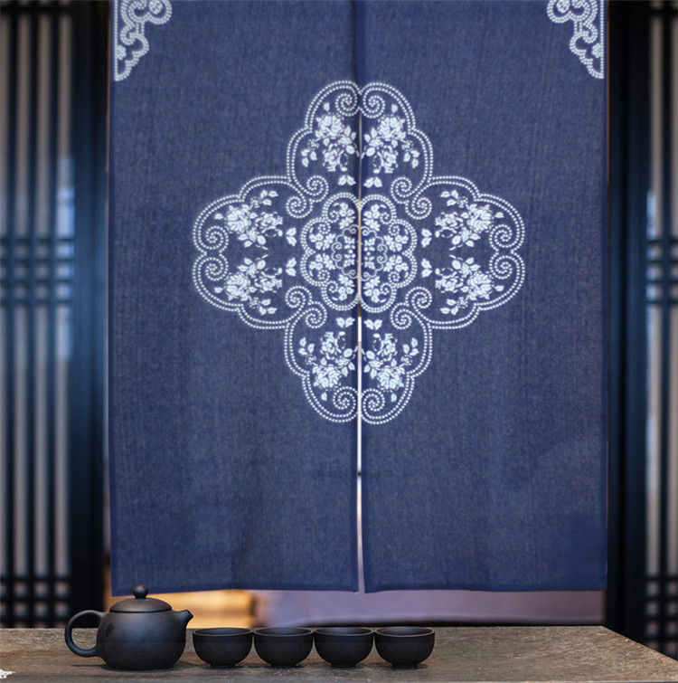 家佳樂文學中式棉麻藍印花布藝門簾掛簾隔斷
