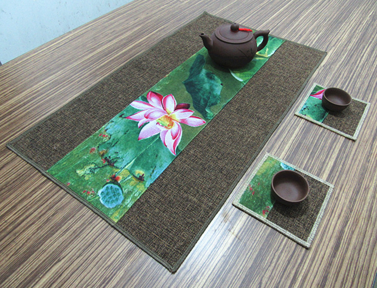 家佳樂文學復古棉麻布藝禪意荷花桌旗茶巾