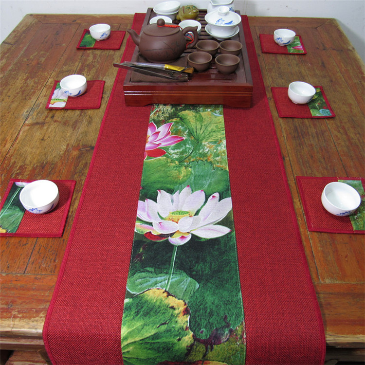 家佳樂文學復古棉麻布藝禪意荷花桌旗茶巾