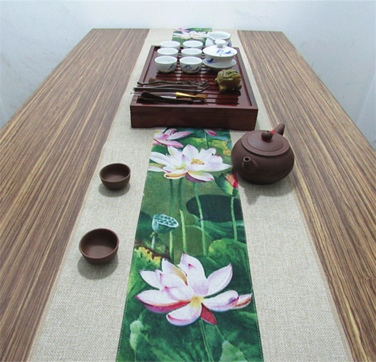 家佳樂文學復古棉麻布藝禪意荷花桌旗茶巾