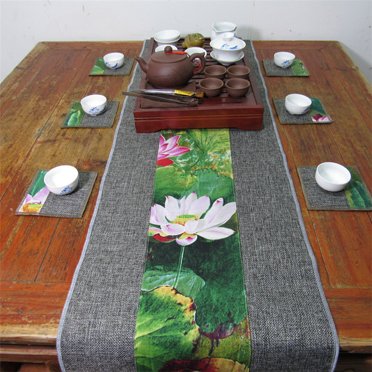 家佳樂文學復古棉麻布藝禪意荷花桌旗茶巾