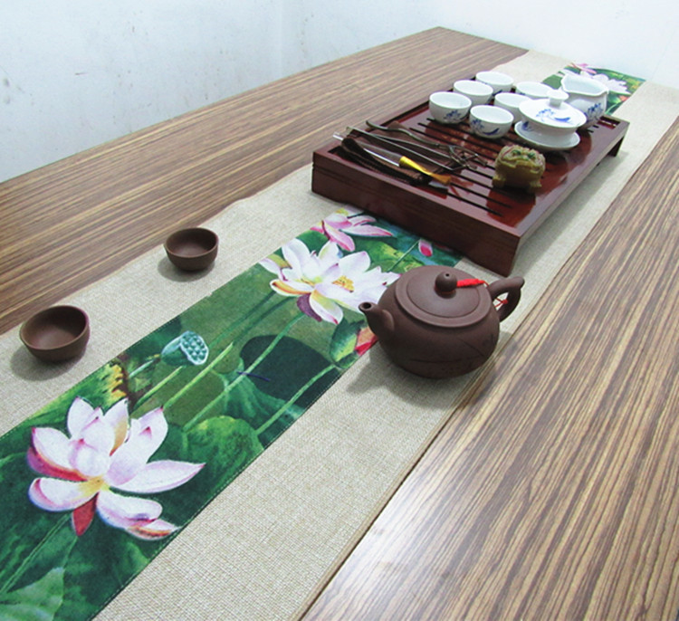 家佳樂文學(xué)復(fù)古棉麻布藝禪意荷花桌旗茶巾