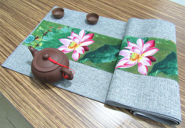 家佳樂文學(xué)復(fù)古棉麻布藝禪意荷花桌旗茶巾
