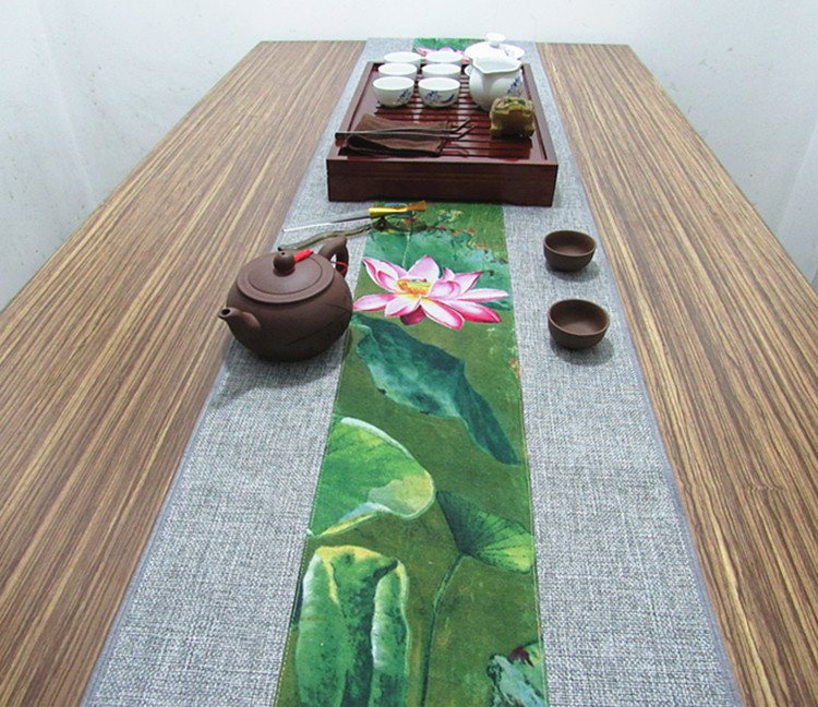 家佳樂文學復古棉麻布藝禪意荷花桌旗茶巾