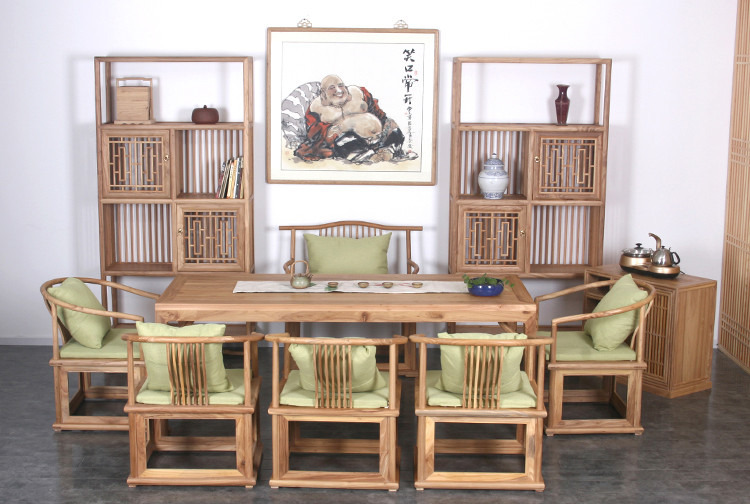 老榆木簡約免漆新中式茶桌椅組合