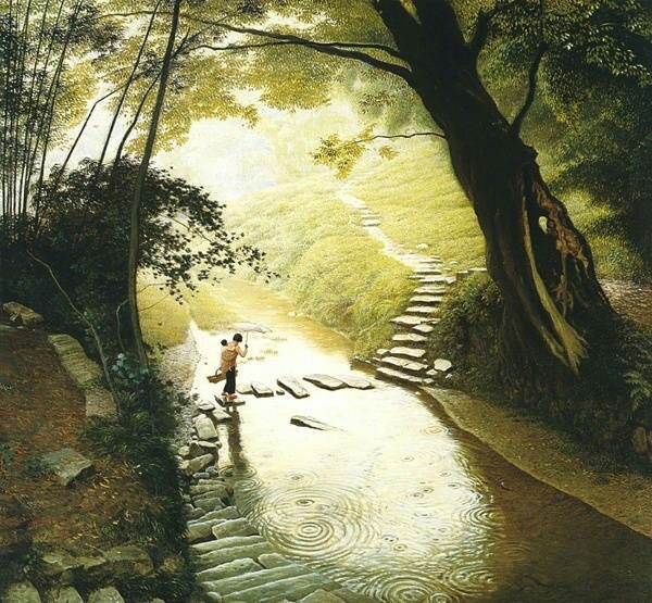 家佳樂文學山水村莊油畫插畫