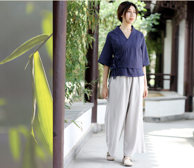 中式復(fù)古茶服漢元素交領(lǐng)女夏上衣